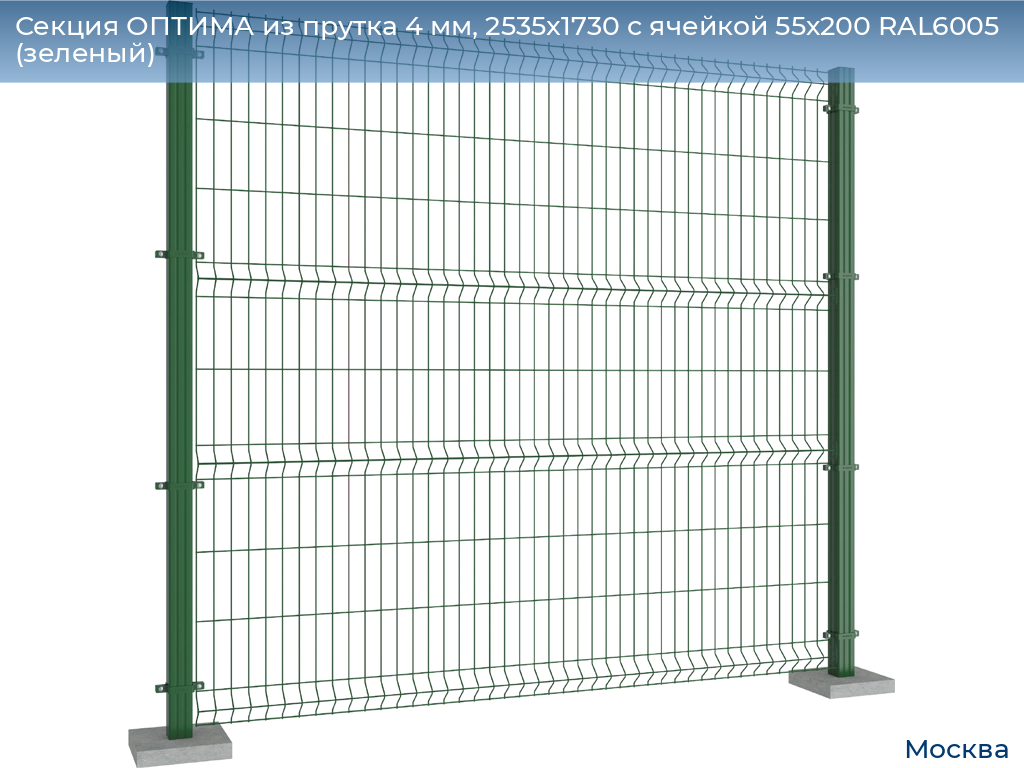 Секция ОПТИМА из прутка 4 мм, 2535x1730 с ячейкой 55х200 RAL6005 (зеленый), 