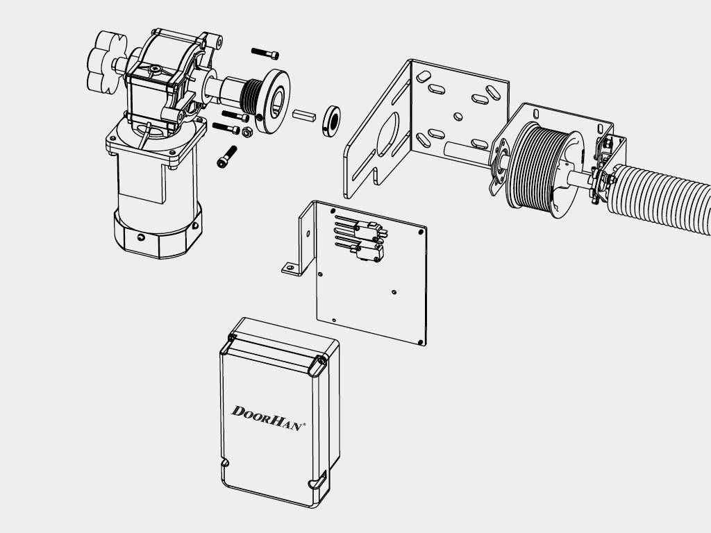 Монтаж производится на вaл ворот с помощью кронштейнa, шпонки и стопорного кольца. Кронштейн крепления присверливaется к притолоке с помощью саморезов.